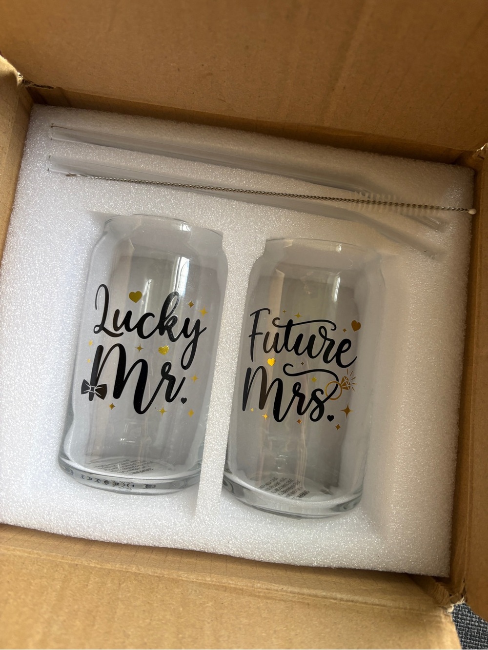 Lucky Mr. & Future Mrs. Clear Glass Can Tumbler Set with Gold Accents